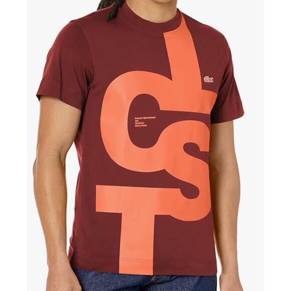Lacoste Men's Regular Fit Contrast Lettering Cotton T-Shirt 3XL Cranberry - Picture 1 of 3